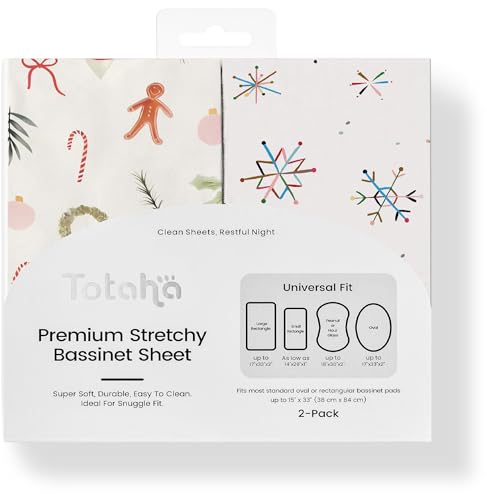 Image of Christmas Bassinet Sheets Neutral Fits Standard 16 inch X 32 inch Mattress, Soft X-Mas Bassinet Fitted Sheet Set 2-Pack, Universal Fit for Hourglass Oval and Rectangle Bassinet Mattress, Mistotle & Snowflake