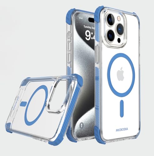 Coque iPhone 15 Pro Max compatible MagSafe transparente antichoc rigide bleue