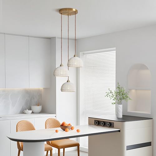 Image of 3 Light Vintage White Ceramic Pendant Lights Mid Century Modern Brass Ceiling Light Fixture Minimalist Dome Pendant Light for Kitchen Island Bedside Living Room