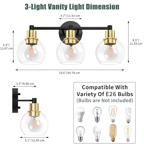 Image of 3 Light Bathroom Light Fixtures, Black and Gold Bathroom Vanity Lights, Modern Vanity Lights 3-Light Globe Bathroom Vanity Lighting Fixture Over Mirror