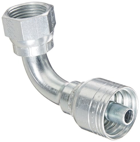 Image of Aeroquip 1AA8FRB6 Carbon Steel Global TTC (Thru the Cover) Crimp Hose Fitting Female ORS Swivel, 90 Degree Elbow, 3 /8 inch Hose ID, 13 /16 inch - 16 Thread