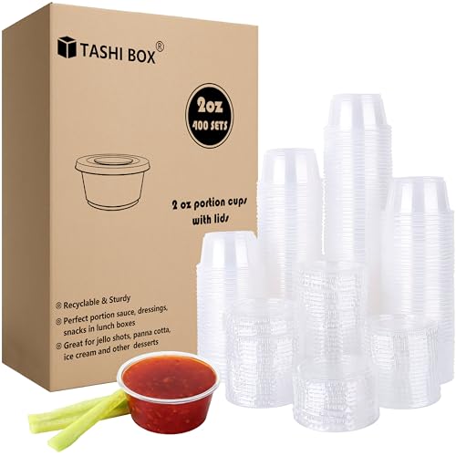 Image of TashiBox 400 Sets - 2 oz Jello Shot Cups with Lids, Small Plastic Portion Cups with Lids, Disposable Condiment Containers for Sauce
