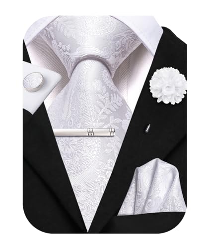 Image of Hi-Tie White Solid Ties for Men Floral Jacquard Necktie and Pocket Square Lapel Pin Silver Tie Clip Cufflinks Set Wedding Business 6PCS