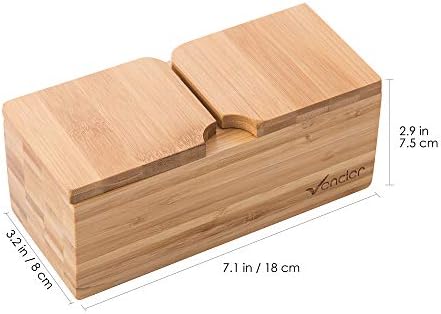 Vencier Bamboo Spice Salt & Pepper Box Magnetic Hinged Pot Includes 2 Spoons 2 Part Sectioned Wood Salt Pig for Herbs & Spices