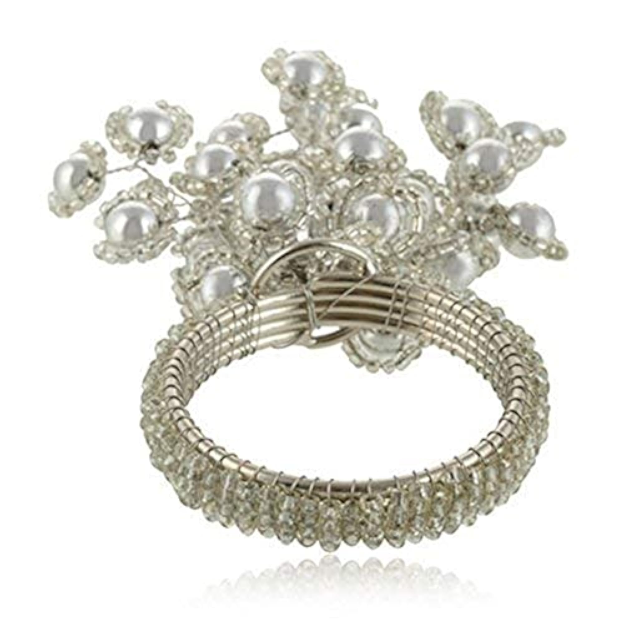 Metal and Glass Beads Silver Napkin Ring Holder Set