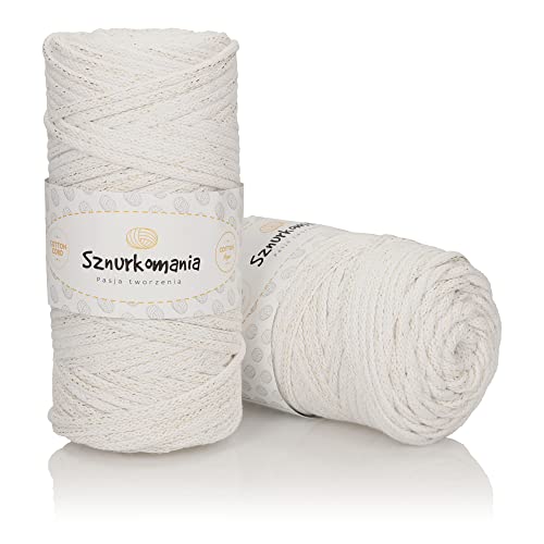 Glitter Cotton Cord 5mm 109 Yards, Macrame Cord 100m, Braided Cord with Metallic Thread, Crochet Cord, Shiny Cord, Macrame Rope, Macrame Yarn (White with Gold Thread)