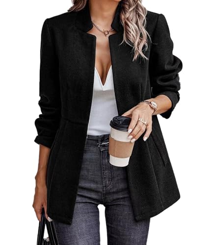 FTIMILD Women's Herringbone Open Front Business Blazer Notch Lapel Long Sleeve Casual Office Work Jacket