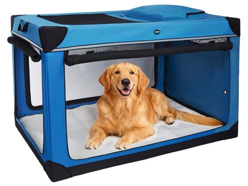 Ownpets 122 cm XXL Klappbarer Hundekäfig für Große Hunde, Tragbarer Reisehundekäfig, 4-Türiger Faltenbarer Haustierkäfig mit Robusten Netzfenstern und Weicher Matte, Blau