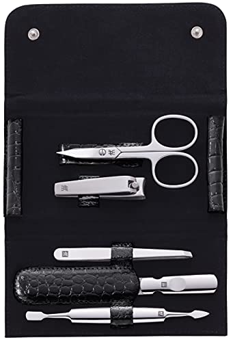 ZWILLING Maniküre Set Pediküre Kit, Nagelpflege Komplettset, Rindleder, Kroko Edition, 5-teilig, Schwarz