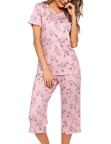 Ekouaer Nightshirt Capri Pants for Women Short Sleeve Pajama Set O Neck Lightwear Sleepwear Printed Loungewear Pink L