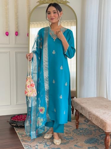 Image of Naixa Women's Viscose Embroidered Straight Kurta with Pant and Dupatta Sets (Available in Plus Size) (NX-674)