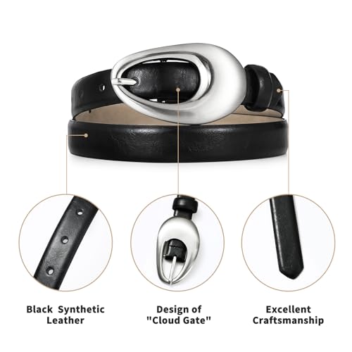 Black Belt Women Synthetic Leather Waist Belt with Shiny Silver Oval Buckle for Women Casual Formal Wear4
