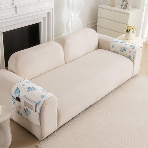 Image of HOMETHREADS Anti-Skid Sofa Protector Mat: Premium Printed Cotton Slipcover with Strong PVC Non-Slip Backing, (White Blue, 2Pc Armrest Mat | 50x75cm)