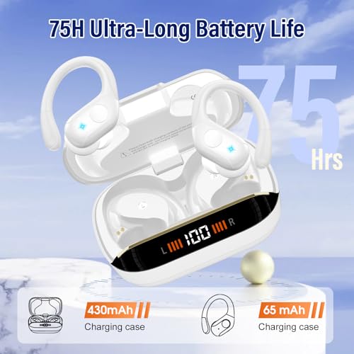 Image of Qecnato Wireless Earbuds Bluetooth 5.4 Headphones 75H Stereo Deep Bass Sports Over Ear Buds with Earhooks, LED Display Bluetooth Earbuds with 4 ENC Mic, IP7 Waterproof Earphone for Running, White