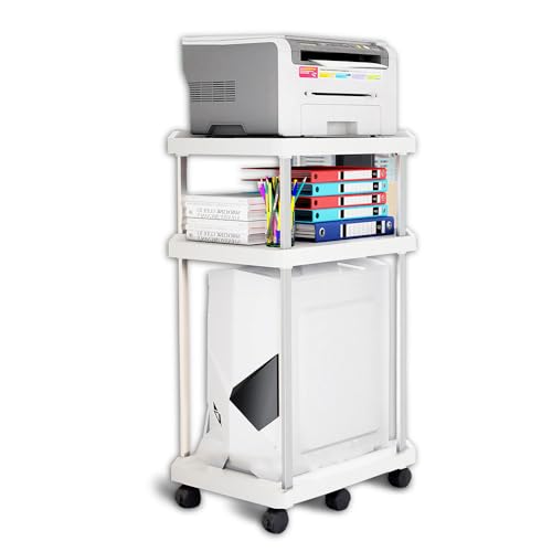 Niciksty Soporte de torre de computadora de 3 niveles, carrito de torre de PC móvil con ruedas, soporte de CPU para impresora móvil, mesa de pie para fax, oficina en casa, color blanco