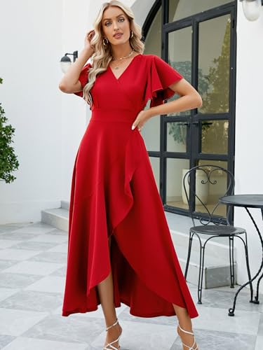 Image of Long Black Formal Dresses for Women Gowns Evening Party Cocktail Dress,Split Elegant V Neck Wrap Ruffle Wedding Guest Dresses