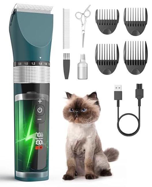 oneisall Cat Clippers for Matted Hair, 5-Speed Quiet Cat Grooming kit, Cordless Pet Shaver for Long Hair,Waterproof Pet Hair Trimmer, Pet Clippers for Cats(Green)-DeY01Yer