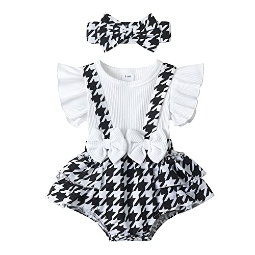 Image of Newborn Baby Girl Clothes Infant Romper Floral Suspender Dress Ruffle Sleeve Onesie Outfit Jumpsuit Headband Spring Summer