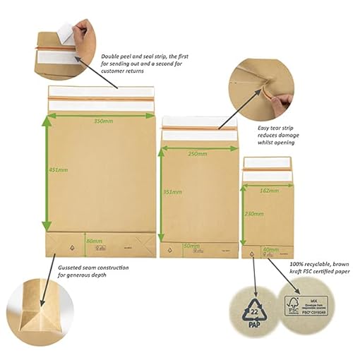 Greener Route™ Strong Paper Mailing Bags with Gusset, 2 Peal and Seal Strips, Returnable, Plastic Free, Eco-Friendly, 100% Recyclable, FSC Certified, Sturdy 120gsm (20, 350x250x50mm +96mm) - Image 7