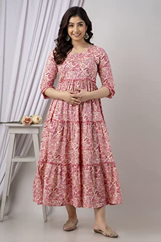 Image of Women's Cotton Anarkali Comfortable Maternity Feeding Kurta Dress with Zippers