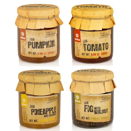 Selección de variedades de mermelada - Paquete de 4 tarros de 280 g - Sabores únicos: calabaza, tomate, piña y coco, higo y nuez - Libre de ingredientes artificiales