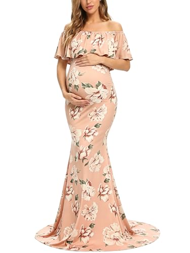 Glampunch Womens Off Shoulder Maternity Dress Ruffles Elegant Slim Gowns Fit Maxi Photography Dress