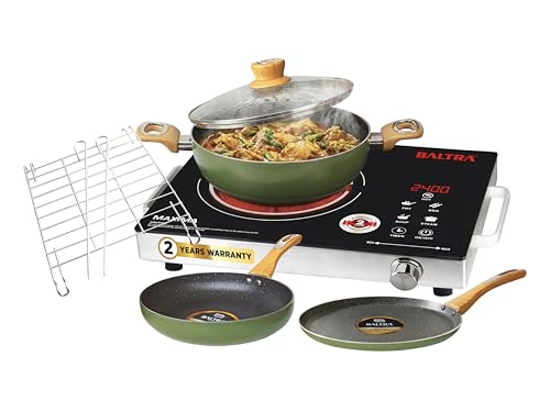 Image of BALTRA Maxima 2400W Electric Infrared Induction Cooktop Combo | Includes Duron 4-Piece Cookware Set | 7 Preset Functions, Auto Shut-Off, Glass Top | No Gas Cooking Stove