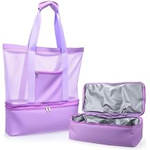 Abbylike Large Mesh Beach Tote Bag with Insulated Cooler and Pocket Detachable Waterproof Sandproof Picnic Swim Pool BagLight Purple