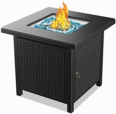 BALI OUTDOORS Gas Fire Pit Patio Furniture Table Propane Firepit, 28Inch Steel Tabletop Fire Pit with Cover Lid, Blue Glass Stone, 50,000BTU, Black