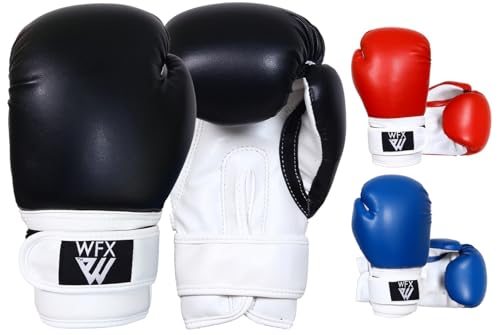 WFX Guantes de Boxeo para niños para Artes Marciales Sparring Junior Mitts de Cuero Resistente MMA Entrenamiento Saco de Boxeo Guantes llamativos Muay Thai Kick Boxing niños y niñas (Negro, 4OZ)