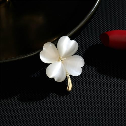Image of Cats Eye Clover 4 Leaf Brooch Pin for Women Men Unisex Gold Plated Fashion Love Heart Shaped Flower Brooches Lapel Pins luck Decor Dress Accessories St Patrick's Day Birthday Holiday Jewelry Gift Souvenir