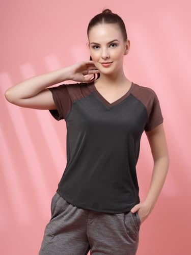Image of UZARUS Women's V-Neck Regular Fit Gym T-Shirt | Soft Lightweight & Stretchable Fabric | Activewear Top for Workout Yoga Running Exercise Casual Wear
