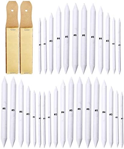 Auvanteo 30 Pieces Paper Blending Stump and Tortillions Set with 2 Pieces Sandpaper Pencil Sharpener for Student Sketch Drawing, 6 Sizes