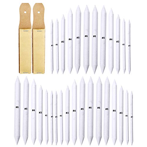 Auvanteo 30 Pieces Paper Blending Stump and Tortillions Set with 2 Pieces Sandpaper Pencil Sharpener for Student Sketch Drawing, 6 Sizes
