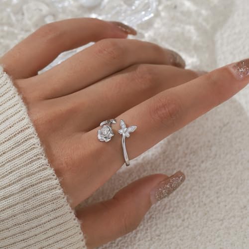 JJewmon Butterfly Rose Birthstone Ring for Women 925 Sterling Silver Butterfly Birth Stone Ring Birhstone Rose Ring Flower Elegant Promise Band Ring Butterfly Birthstone Jewelry Gifts for Her3
