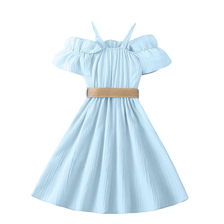 Girls Off-Shoulder Ruffle Dress with Belt Spaghetti Strap Elegant Summer Casual Dress for Beach Party2