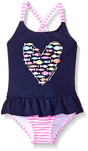 Kiko & Max Girls' One Piece Peplum Swimsuit Bathingsuit, Navy Fish Heart, 3-6 Months