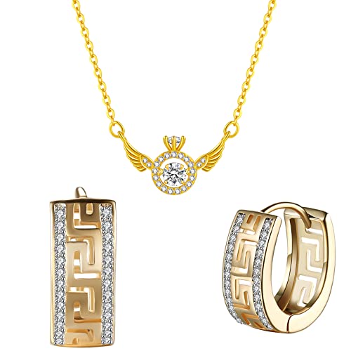 Wskfly Angel Wing Necklace, 18K Gold Plated Cubic Zirconia Pendant Necklaces, 14K Gold Plated Cubic Zirconia Hoop Earrings For Women #TOP10