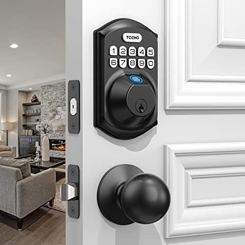 TEEHO TE002K Fingerprint Door Lock Set - Keyless Entry Door Lock with Handle - Door Knob with Keypad Deadbolt - Smart Locks for Front Door - Auto Lock - No Need App - Easy Installation - Matte Black