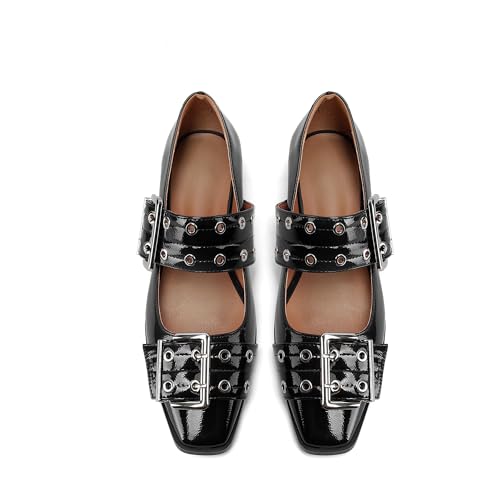Ballerina Buckle Flats for Women Square Toe Metal Eyelets Low Heel Comfort Ballet Flats4