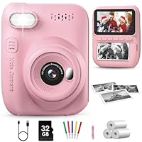 GREENKINDER Fotocamera per bambini, stampa istantanea, grande schermo da 3,0″, fotocamera istantanea per bambini, digitale 1080P con scheda da 32 GB e 3 rotoli di carta da stampa, selfie giocattolo