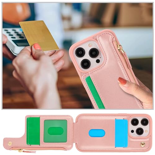 Image of Cavor for iPhone 13 Pro Case with Card Holder,for iPhone 13 Pro Wallet Case for Women Men,Leather Magnetic Clasp Zipper Pocket Protective Phone Cover-Rose Gold
