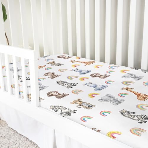 Image of Jungle Safari Animals Rainbow Baby Crib Sheets 52''x28'' Leopard Elephant Giraffe Zebra Hippo Monkey Stretchy Fitted Crib Mattress Cover for Boy Girl Zoo Bed Sheet for Standard Crib Toddler Mattress