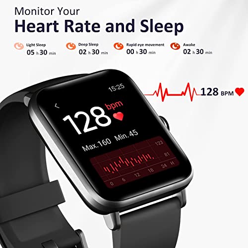 Hamile Smart Watches for Men Women, Smart Watch for Android Phones and iPhone Compatible, 5ATM Waterproof Fitness Tracker with Heart Rate Sleep Monitor Step Counter Pedometer Stress Level, Black