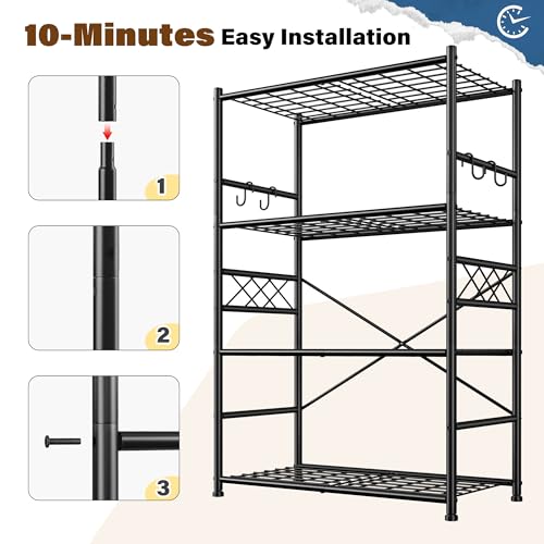 Image of Storage Shelves 4-Tier Large Capacity Metal Shelving with Hooks, Heavy Duty Garage Shelving Unit with Leveling Feet, Stable Metal Shelves for Pantry, Kitchen and Closet,36 inch W x 12 inch D x 60 inch H, Black
