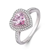 ASFKIPMF 925 Sterling Silver Shiny Full Diamond Ring Pink Heart Rings for Women 14K White Gold Plated Cubic Zirconia Diamond Rings for Her Promise Wedding Engagement Ring for Girls Mothers Day Size Q