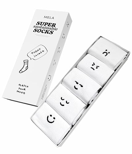mela Lustige Socken 5 Paar Bio Baumwolle Socks lustige Motiven für Damen & Herren Geschenkbox mit Baumwollsocken 35-38 / 39-42 / 43-46 Weiß (DE/NL/SE/PL Numerisch 35 Regular Regular)