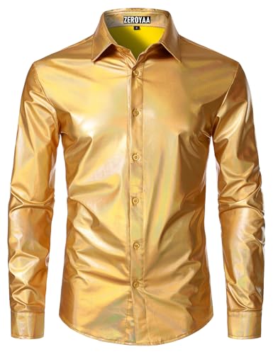 ZEROYAA Mens 70s Disco Button-Down Shirt Shiny Metallic Long-Sleeve Costume for Party Prom Laser Gold Large