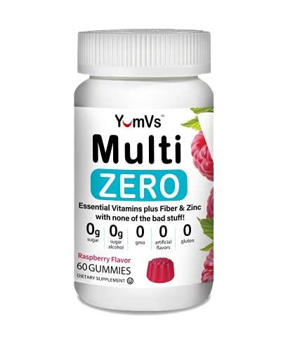 Multi Zero Multivitamin Gummies by YumVs | Keto Friendly Sugar Free Supplement for Women and Men | Vitamin C, A, D3, E, B6 + Fiber and Zinc | Natural Raspberry Flavor Chewables - 60 Count