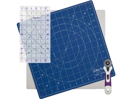 The Quilted Bear 12" x 12" Self-Healing Rotating Cutting Mat with 6.5" x 12" Non-Slip Quilting & Sewing Ruler & 45mm Ergonomic Soft Grip Rotary Cutter - Blue